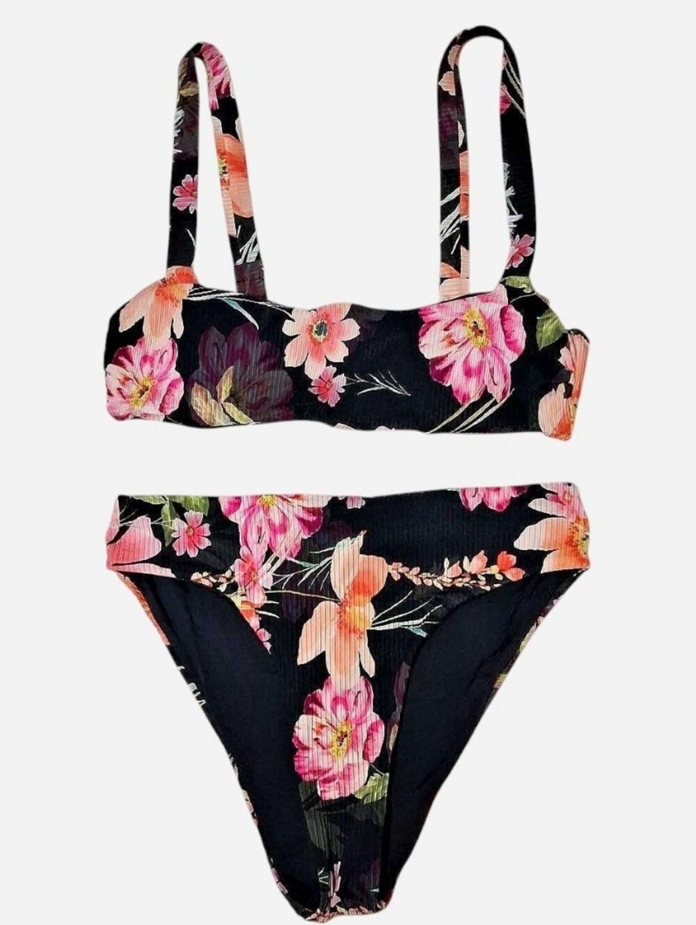 Tini Bikini Black Floral Ribbed Bikini Set Pink Tropical Two Piece Small